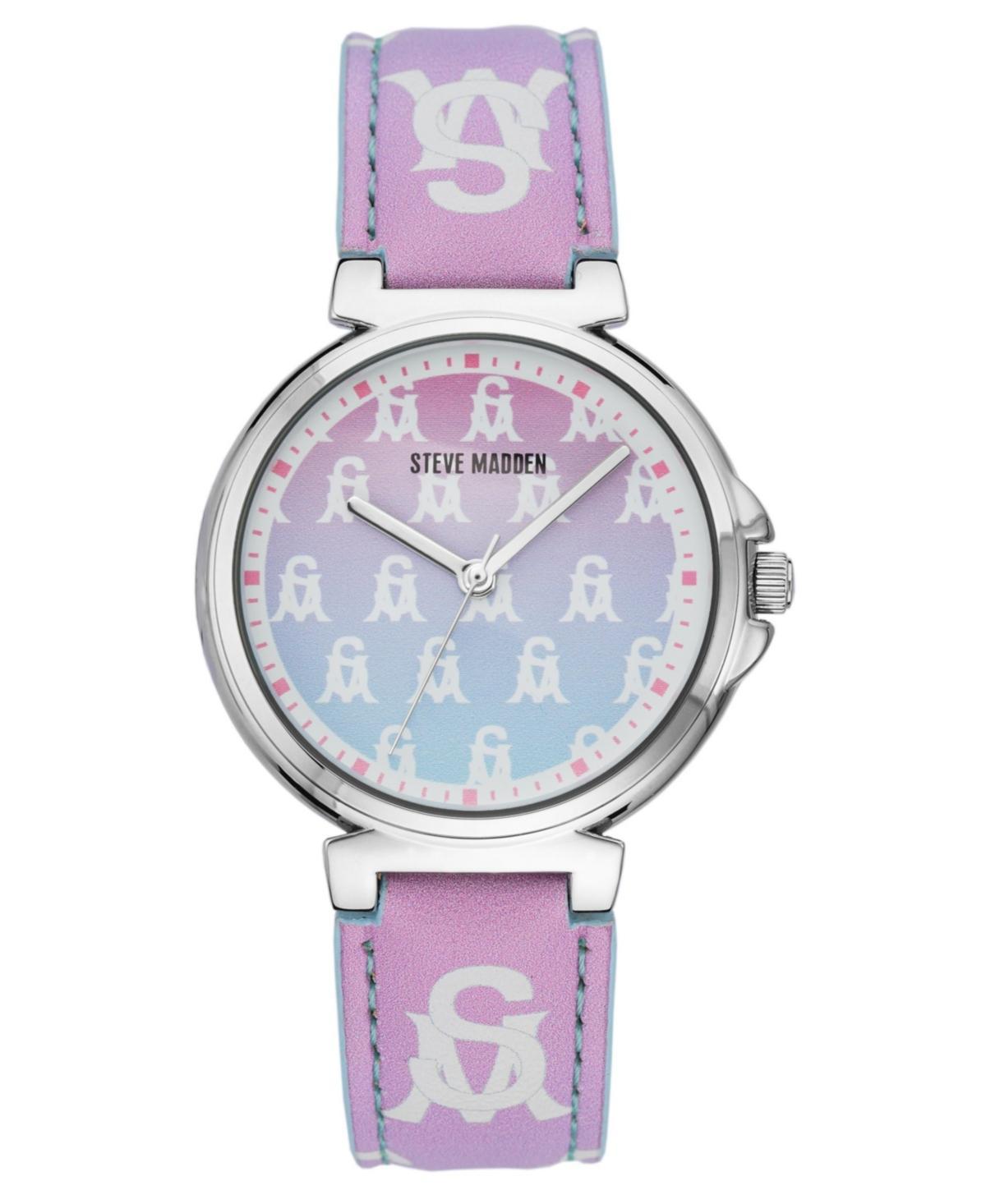 Steve Madden Womens Ombre Lavender and Pink Polyurethane Leather Strap with Steve Madden Logo and Stitching Watch, 36mm - Pink, White Product Image