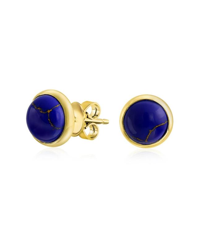 Bling Jewelry Simple Blue Synthetic Blue Natural Lapis Lazuli Bezel Set Round Dome Button Stud Earrings For Women Gold Plated Sterling Silver - Gold b Product Image