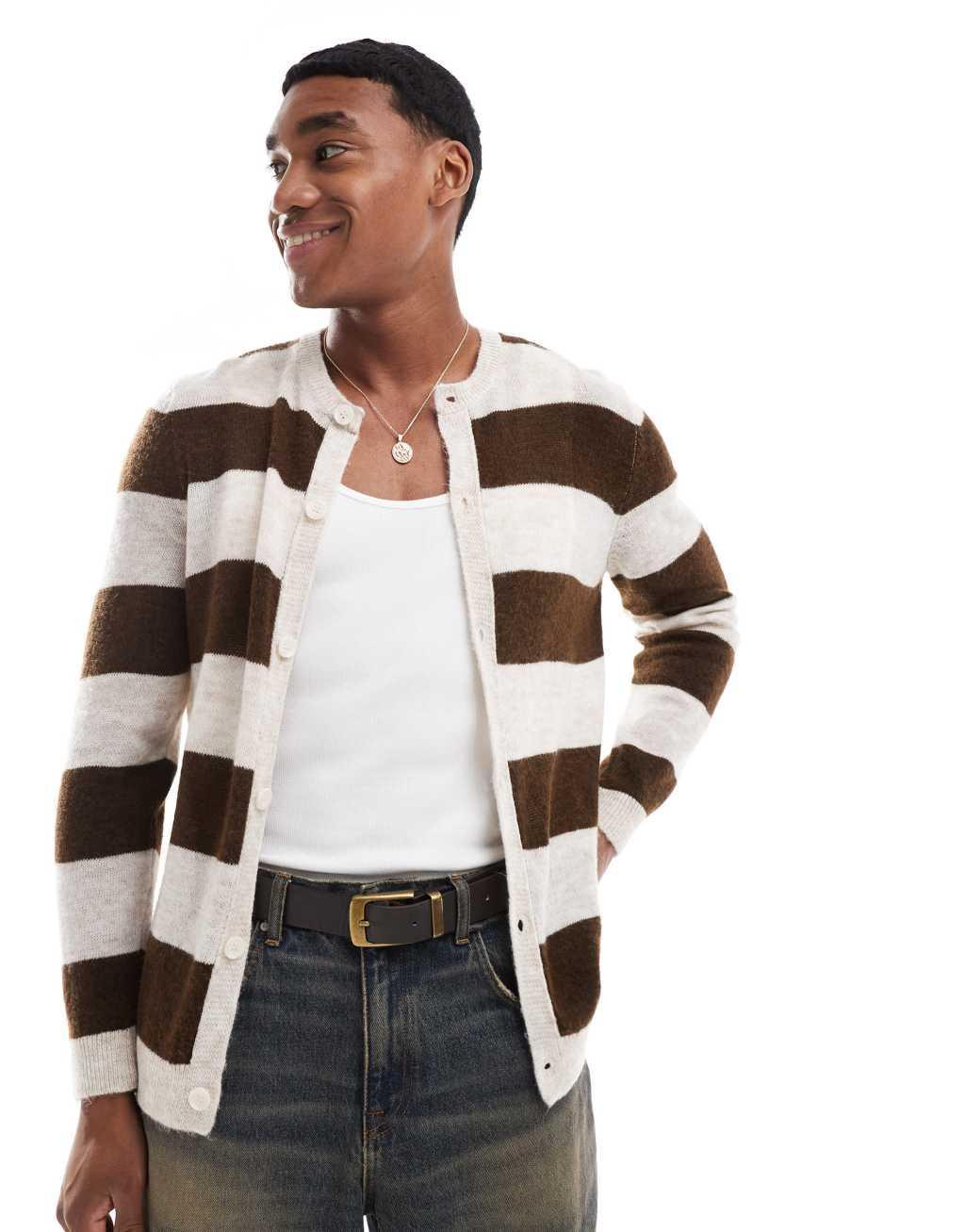 ASOS DESIGN knit textured cardigan with stripe pattern in brown Product Image