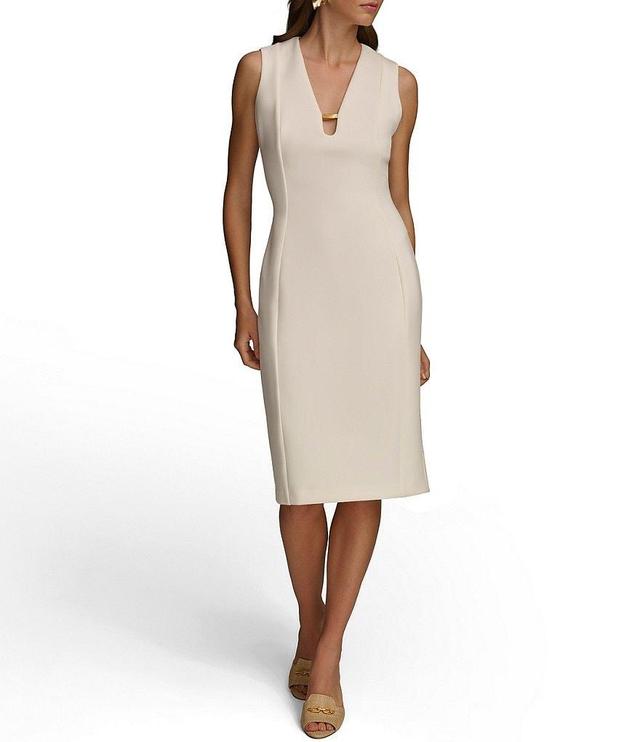 Donna Karan Sleeveless V-Neck Gold Hardware Embellished Scuba Sheath Dress Product Image