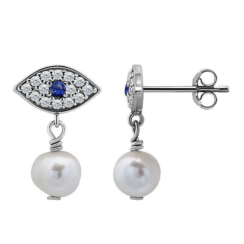 Aleure Precioso Sterling Silver Freshwater Cultured Pearl Drop & Cubic Zirconia Evil Eye Post Earrings, Womens, Silver Tone Product Image