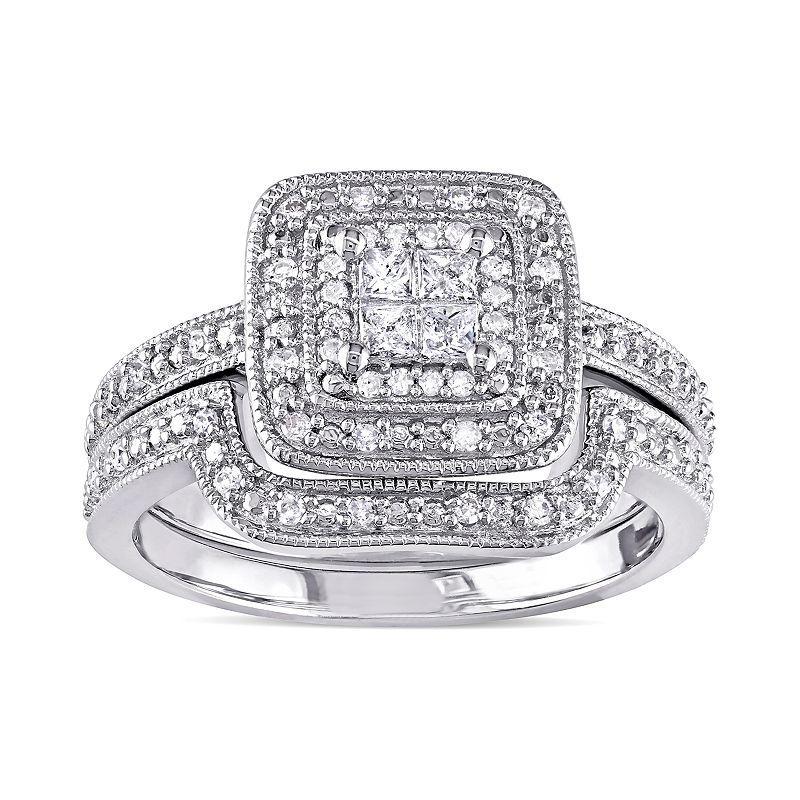 Stella Grace Sterling Silver 1/6 Carat T.W. Diamond Square Halo Engagement Ring Set, Womens Product Image