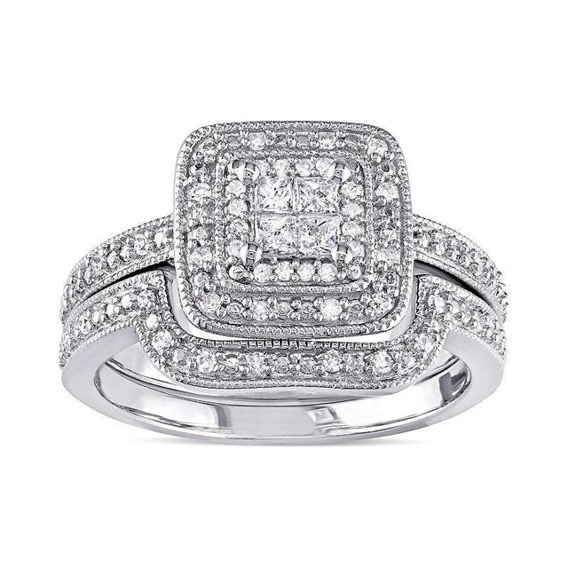 Stella Grace Sterling Silver 1/6 Carat T.W. Diamond Square Halo Engagement Ring Set, Womens White Product Image