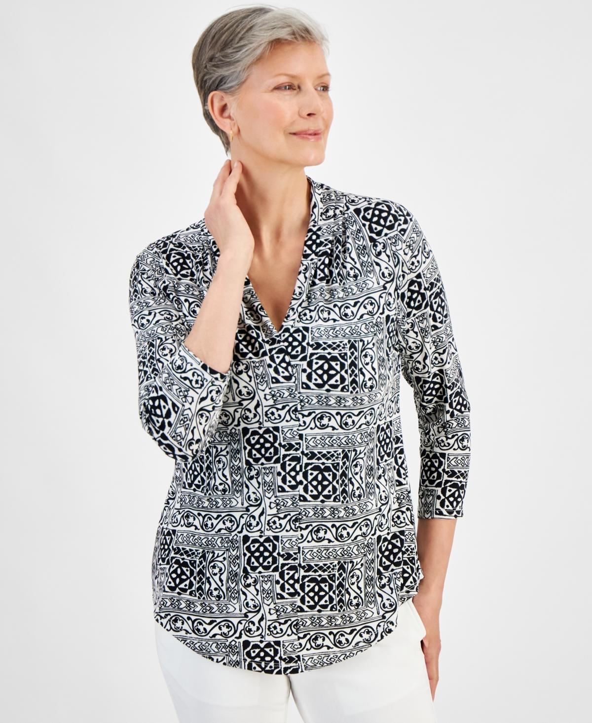 Jm Collection Womens 3/4 Sleeve Printed Pleated-Neck Top, Created for Macys Product Image