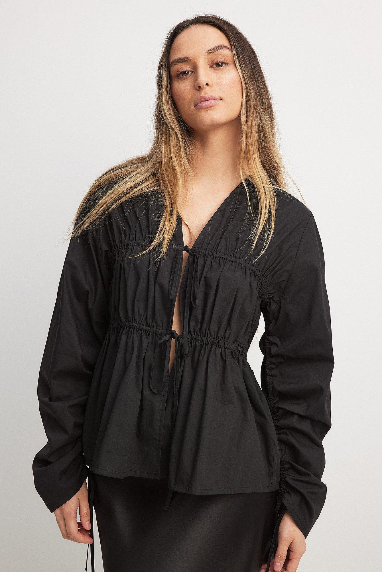 Drawstring Ruched Cotton Blouse Product Image