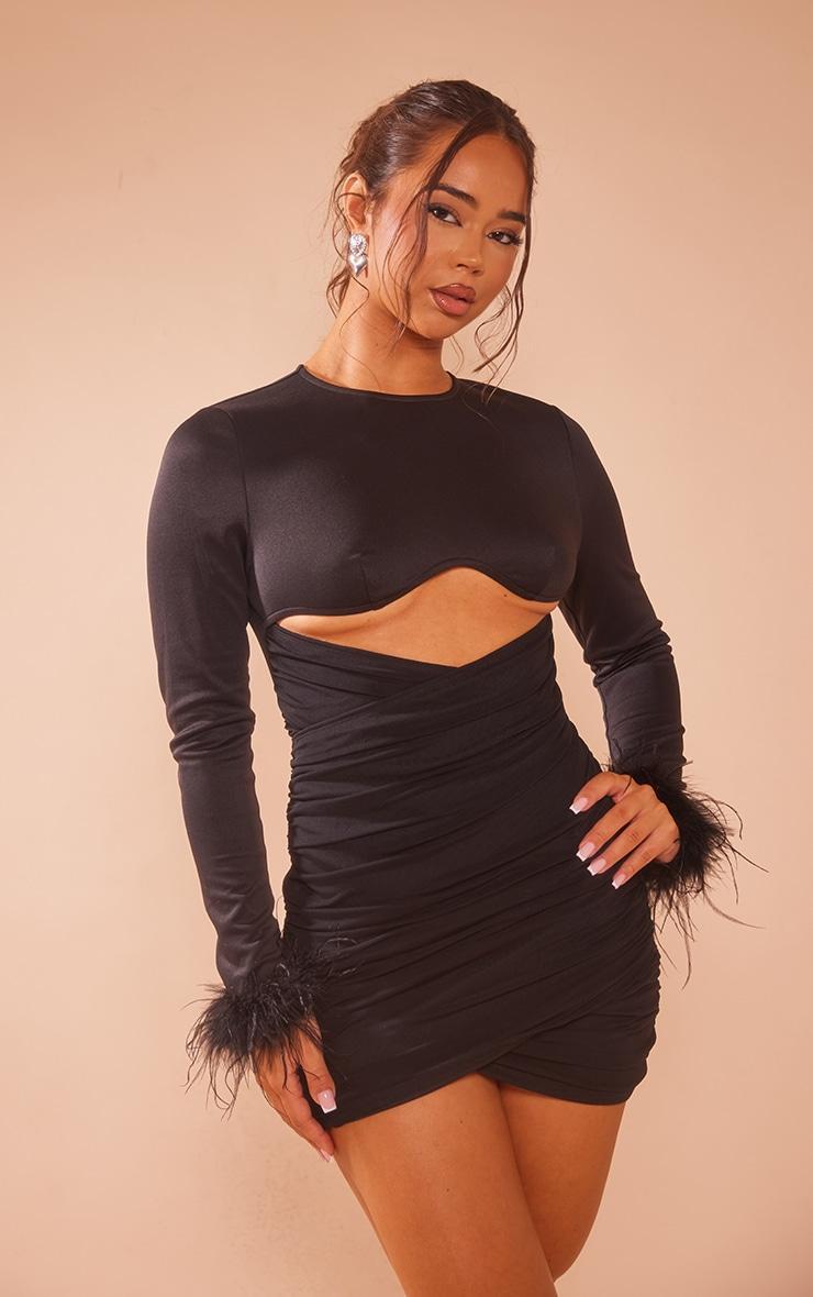 Black Woven Cut Out Long Sleeve Feather Cuff Bodycon Dress Product Image