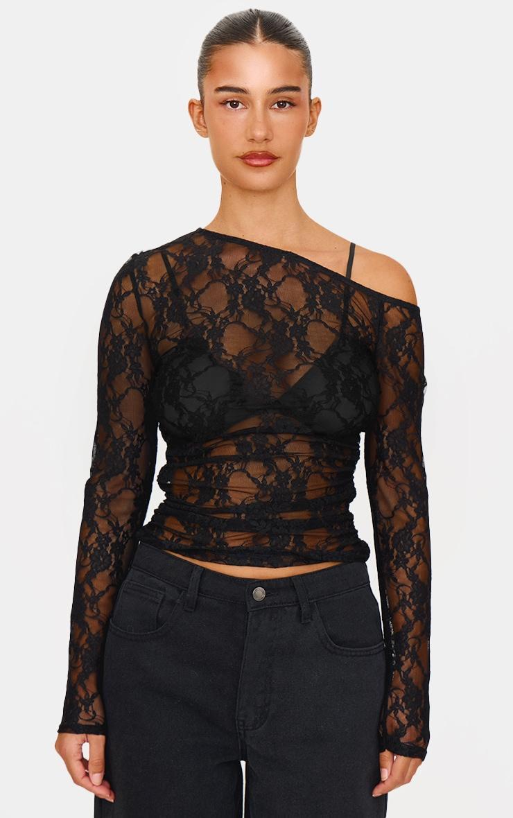 Black Lace Asymmetric Shoulder Long Sleeve Top Product Image