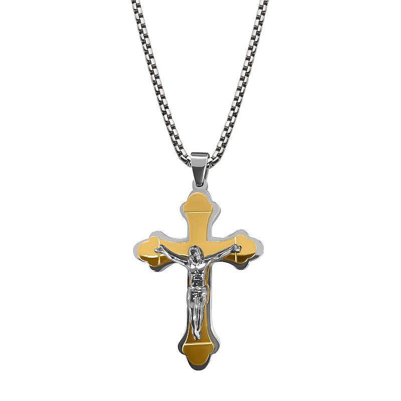 Mens Gold Tone Ion-Plated Stainless Steel Layered Jesus Cross Pendant Necklace Product Image