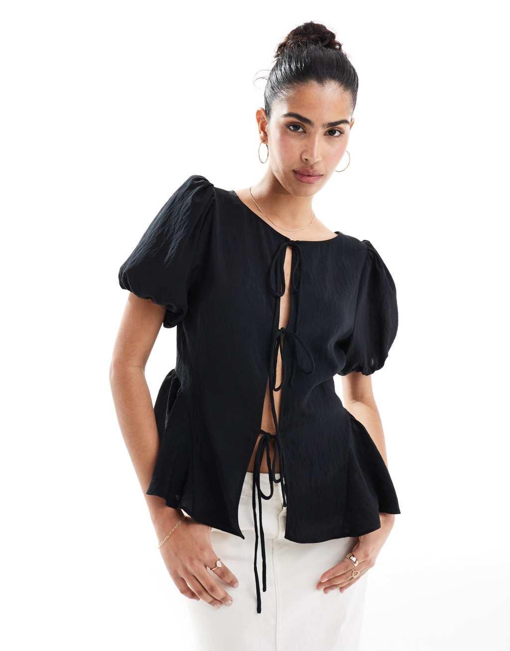 ASOS DESIGN multi-functional puffed sleeve blouse in black product image