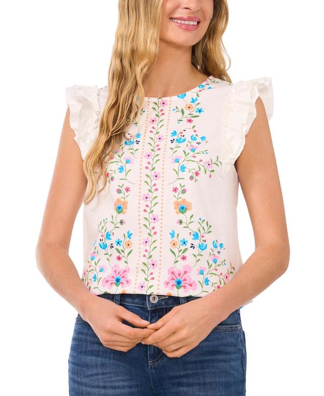 Women's Floral Print Ruffled Sleeve Crewneck Blouse Product Image