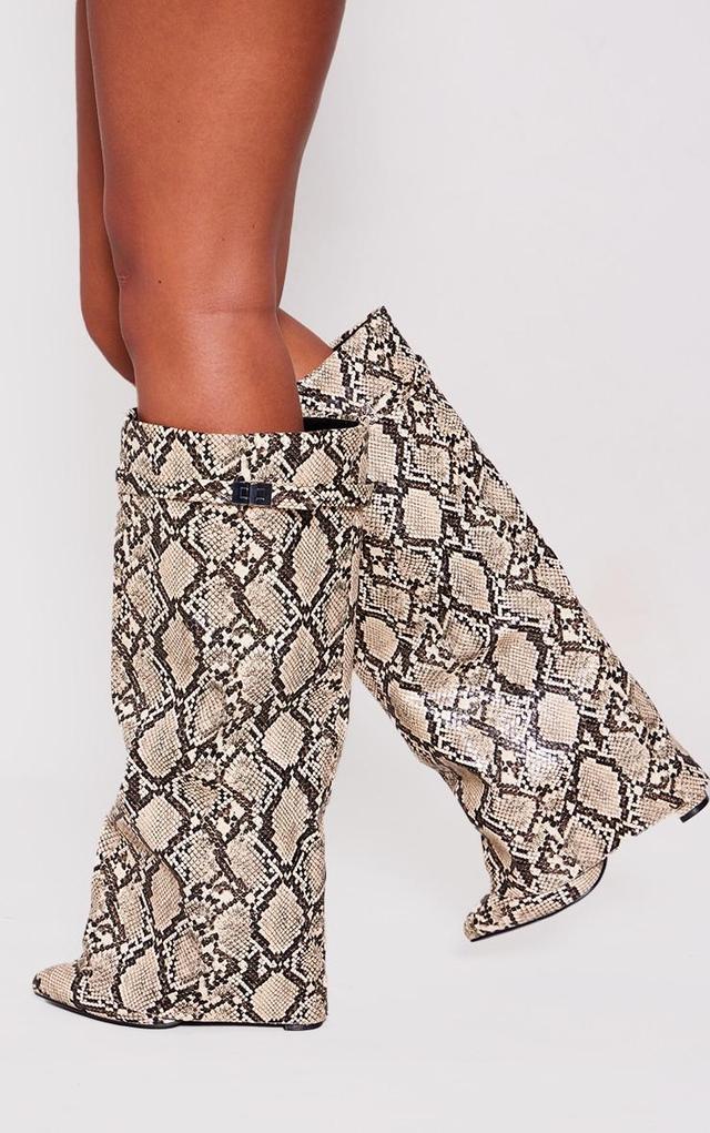 Snake Print PU Fold Over Knee Block Heeled Boots Product Image