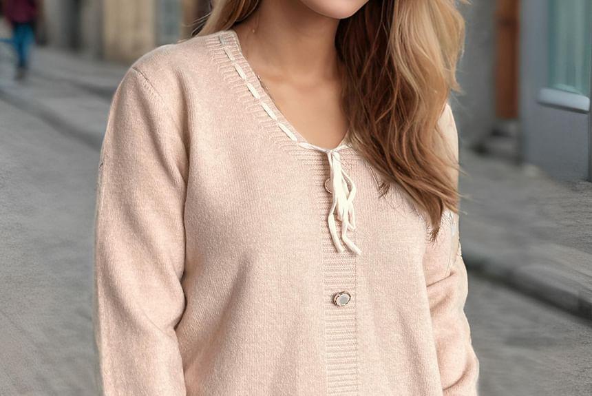 V-Neck Plain Bow Sweater Product Image