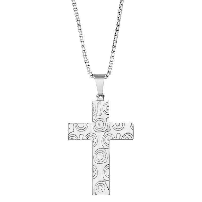 Mens LYNX Damascus Steel Circle Cross Pendant Necklace Grey Product Image