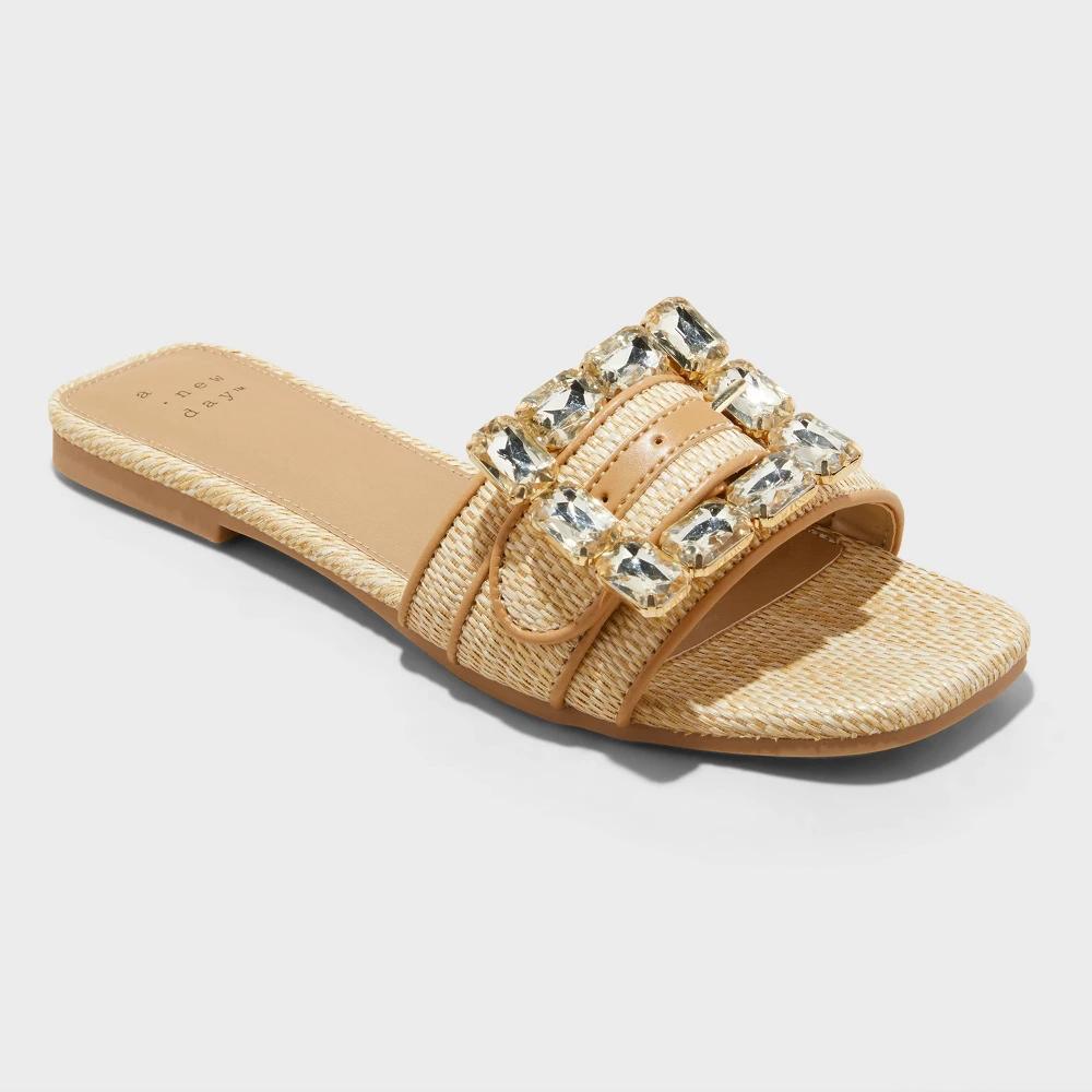 Womens Kelsey Rhinestone Buckle Slide Sandals - A New Day Tan 11 Product Image