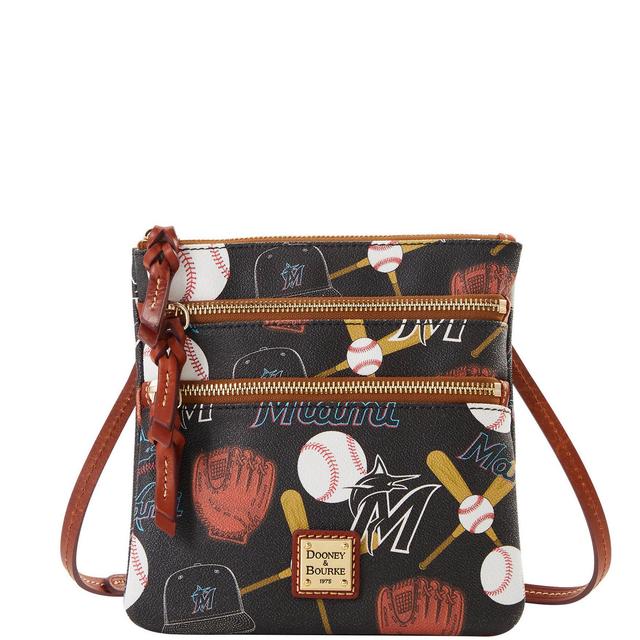 Dooney & Bourke Womens MLB Marlins North South Triple Zip Crossbody Coated Cotton Shoulder Bag in Black Product Image