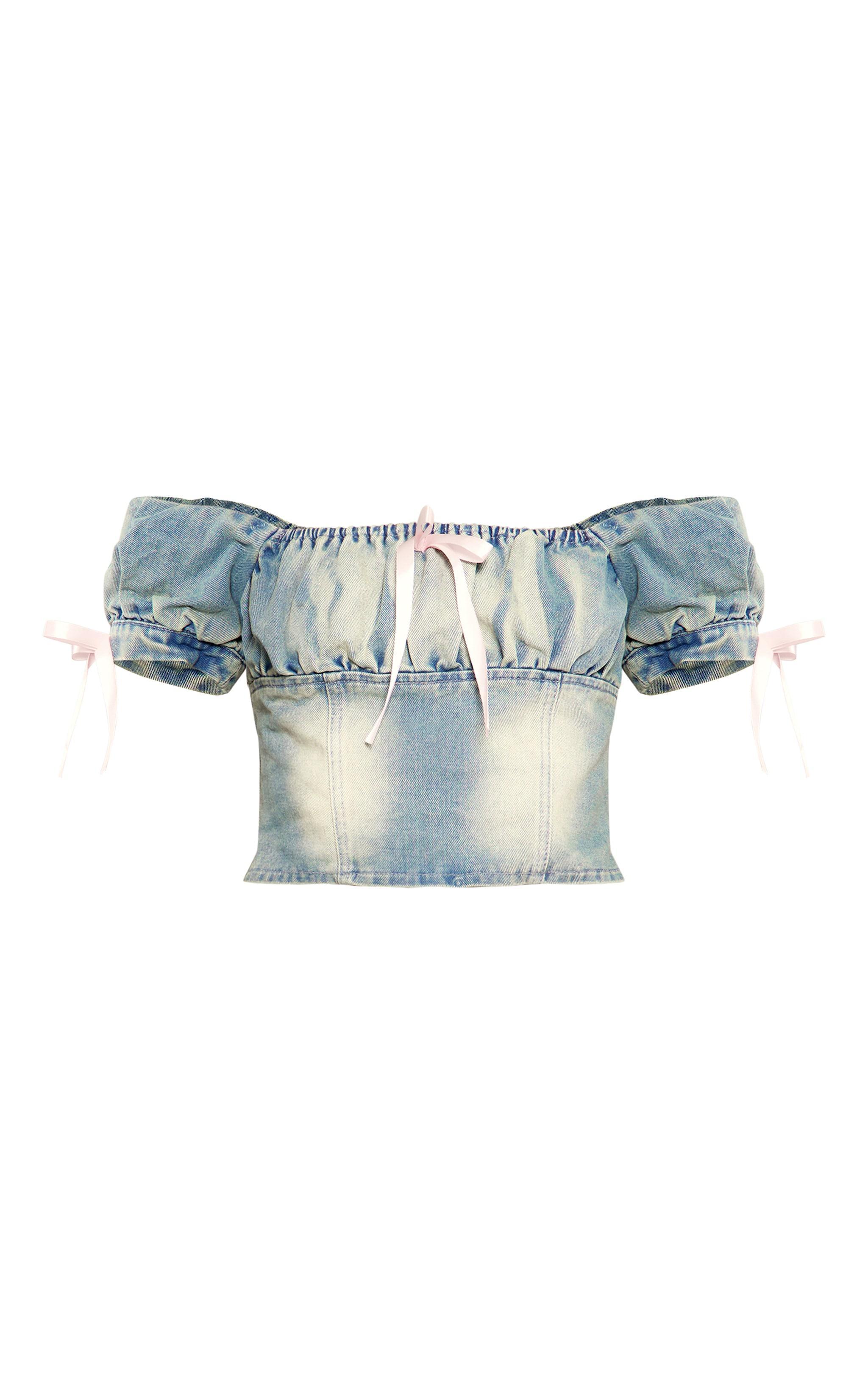 Light Blue Detail Bows Denim Milkmaid Crop Top Product Image