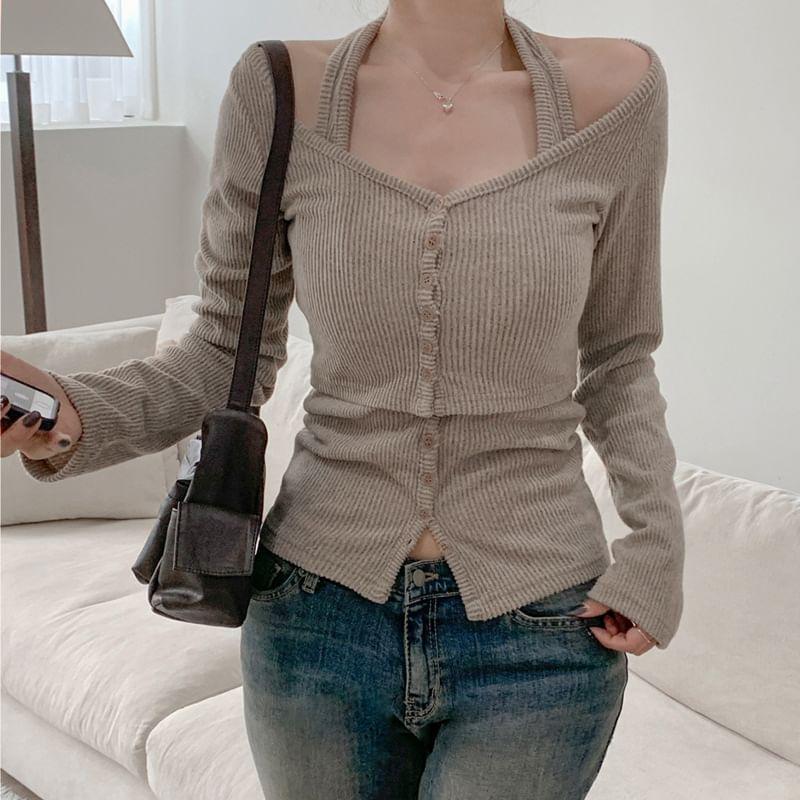 Long-Sleeve Halter Neck Plain Knit Top Product Image