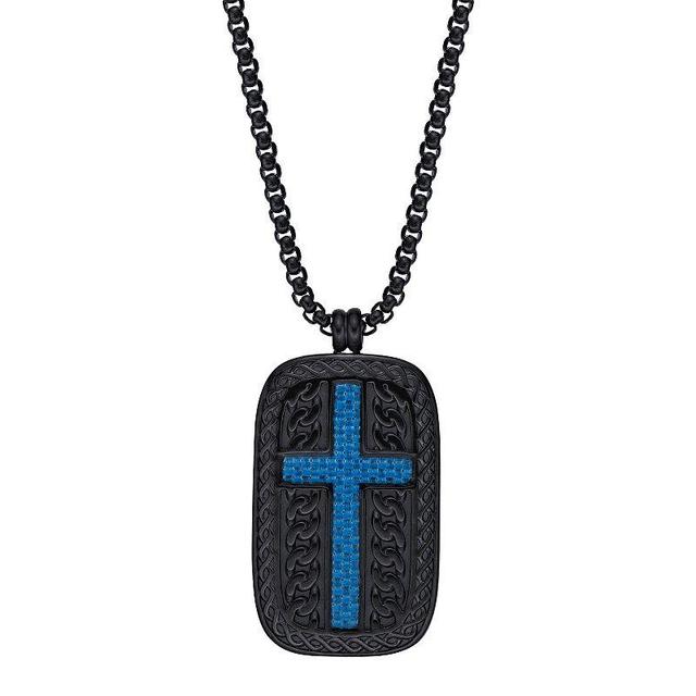 Mens LYNX Black & Blue Ion Plated Stainless Steel Cross Dog Tag Pendant Necklace Product Image