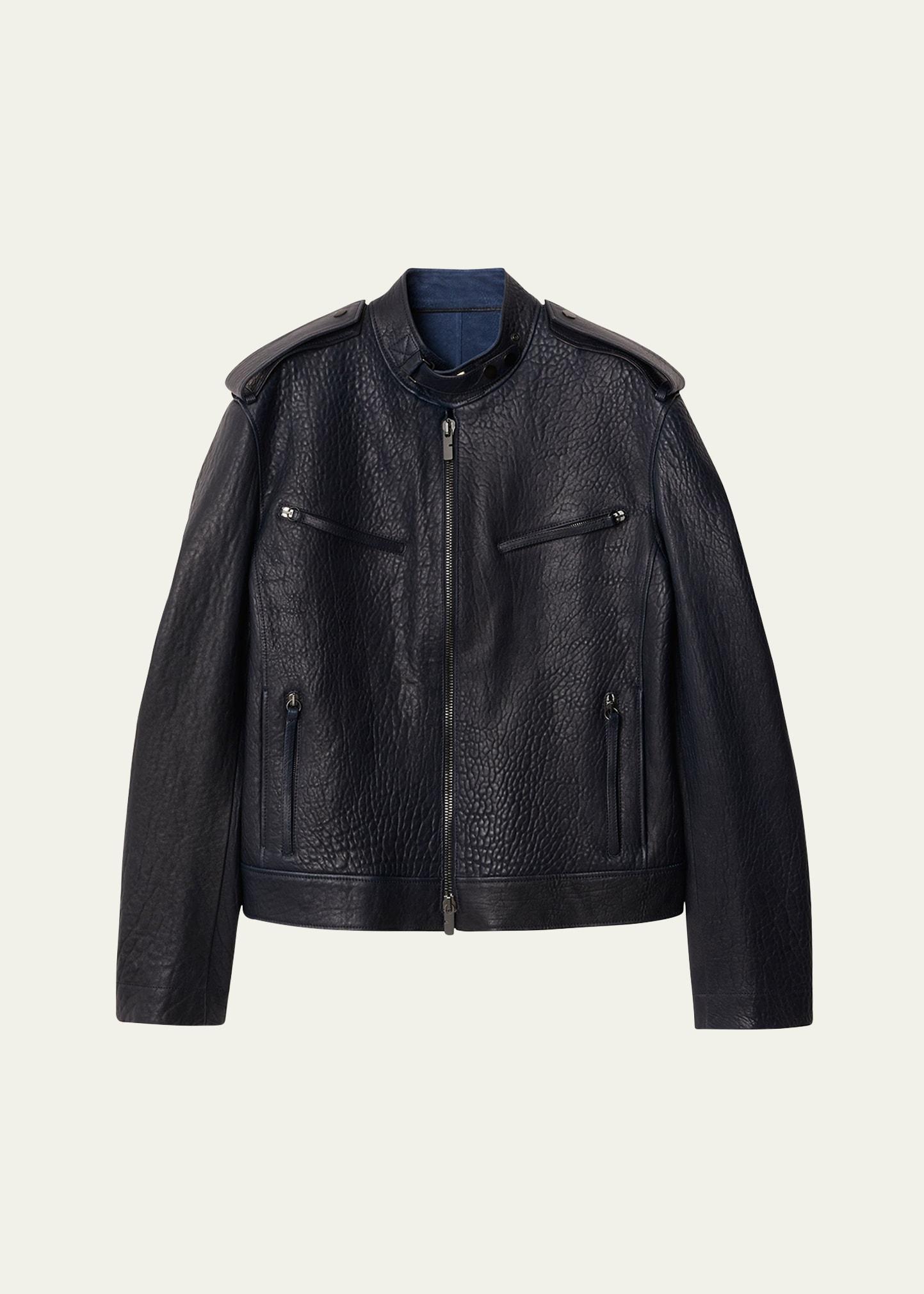 BURBERRY Leather Moto Jacket In Blue Product Image