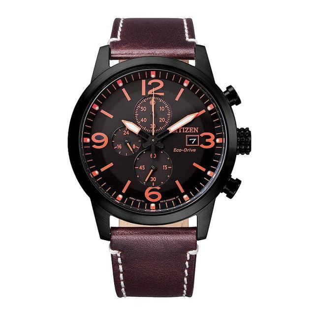 Citizen Mens Eco-Drive Black Stainless Steel Chronograph Brown Leather Strap Watch Product Image