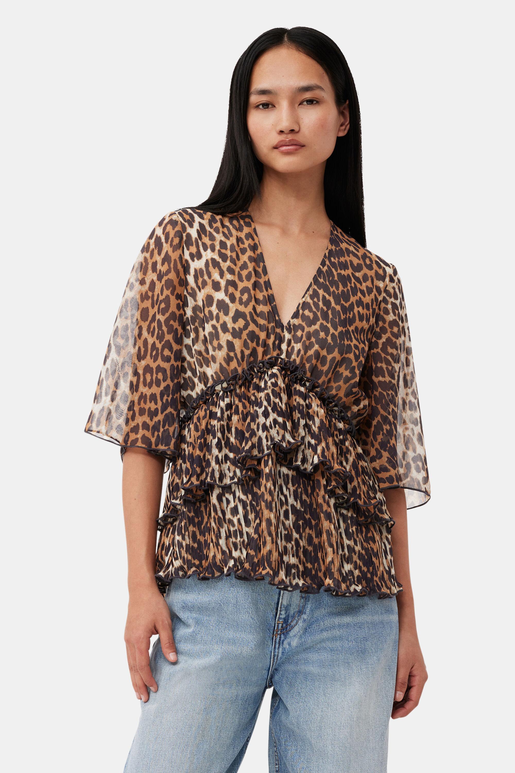 Leopard Pleated Georgette V-neck Flounce Blouse product image