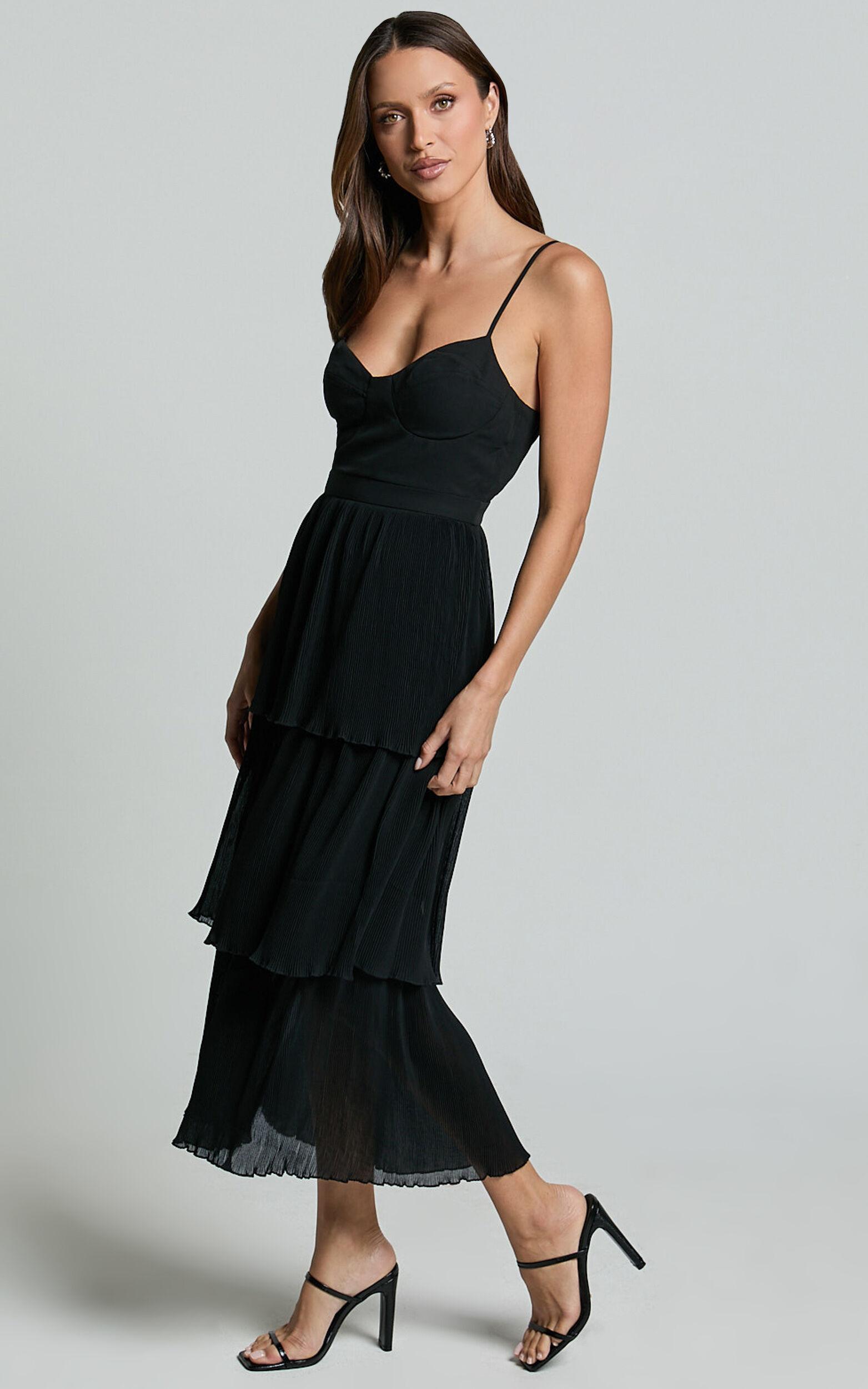 Nina Midi Dress - Bustier Frill Detail Dress in Black Product Image