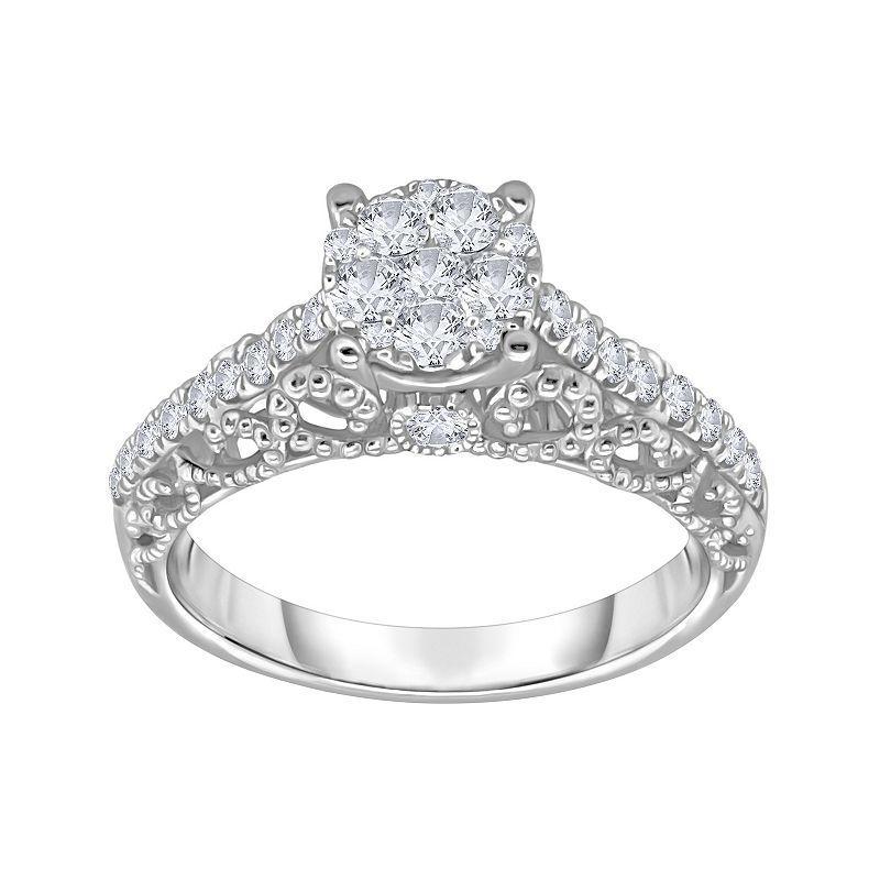 14k White Gold 5/8 Carat T.W. Diamond Round Cluster Engagement Ring, Womens Product Image