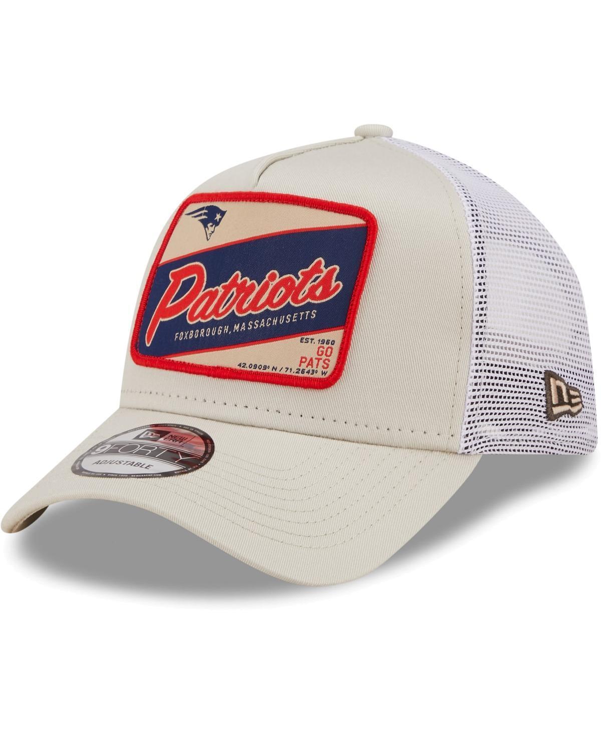 Mens New Era Khaki/White New England Patriots Happy Camper A-Frame Trucker 9FORTY Snapback Hat Product Image