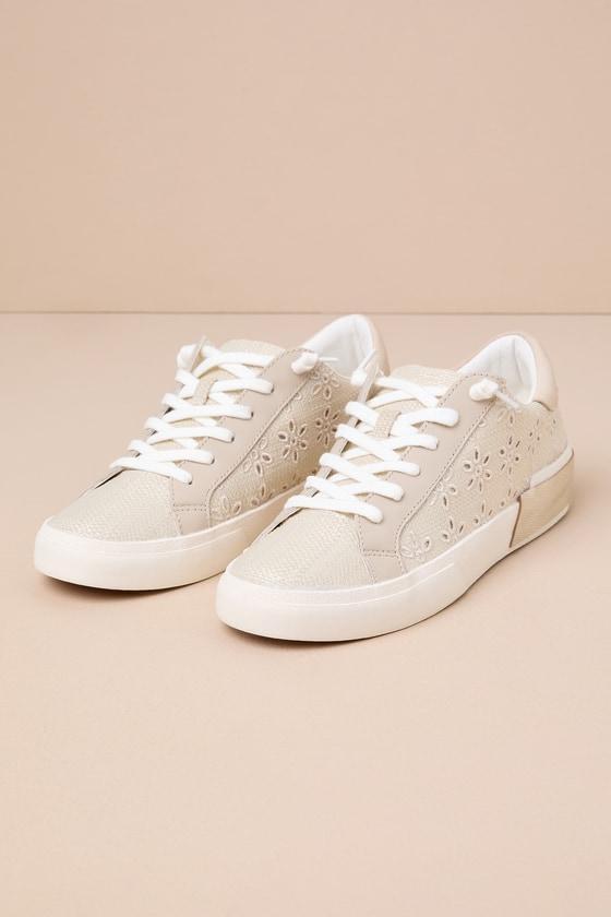 Zina Oatmeal Floral Eyelet Embroidered Woven Lace-Up Sneakers Product Image