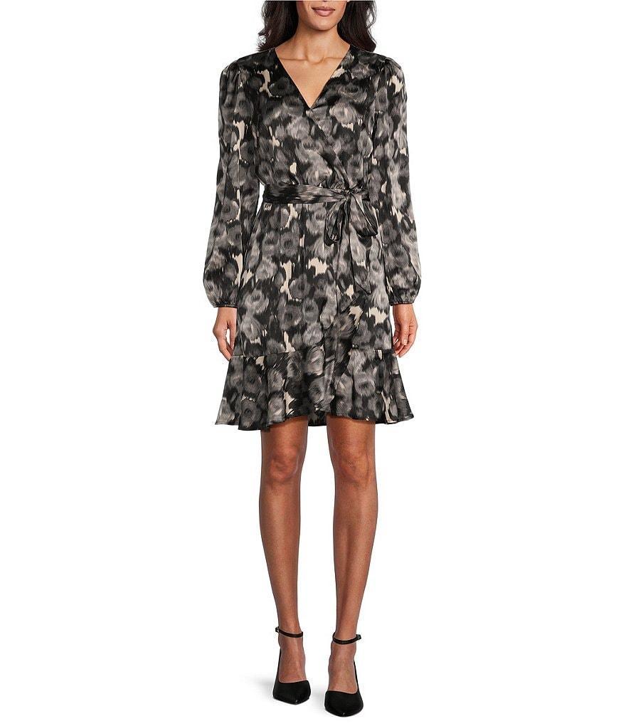 Leslie Fay Floral Print Stretch Matte Satin Surplice V-Neck Long Sleeve Ruffle Hem Fit & Flare Dress Product Image