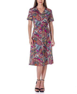 Print Short Sleeve Tie Waist Midi Dress Product Image