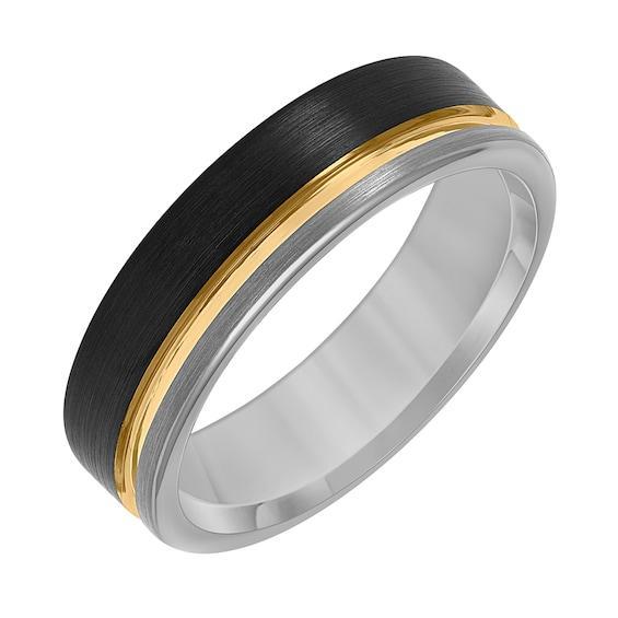 Men's 6.5mm Engravable Wedding Band in Tungsten with Black and Yellow Ion Plate Product Image