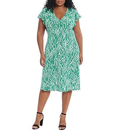 London Times Plus Size Fern Dot Print Matte Jersey V-Neck Flutter Short Sleeve A-Line Machine Washable Midi Dress Product Image