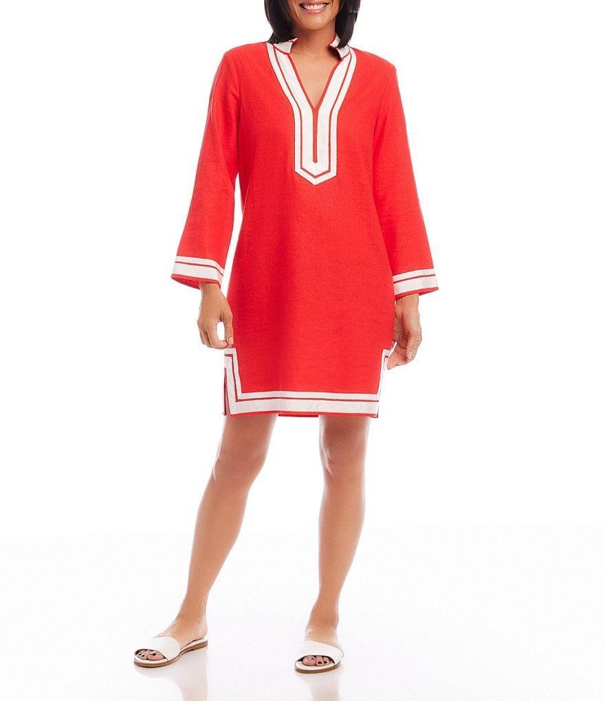 Karen Kane Saint Tropez Linen Blend Mandarin Collar V-Neck 3/4 Sleeve Novelty Trim Dress Product Image