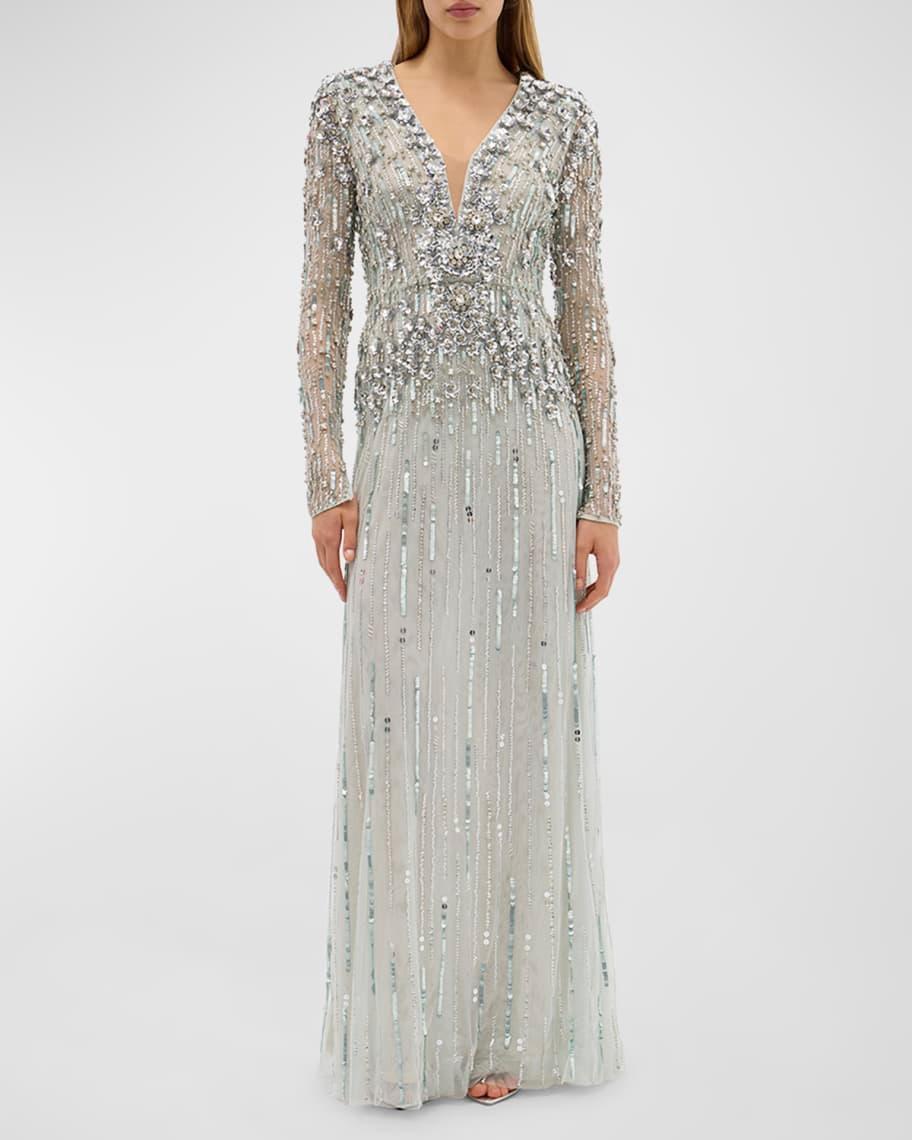 Rosa Plunging Embellished Long-Sleeve Gown Product Image