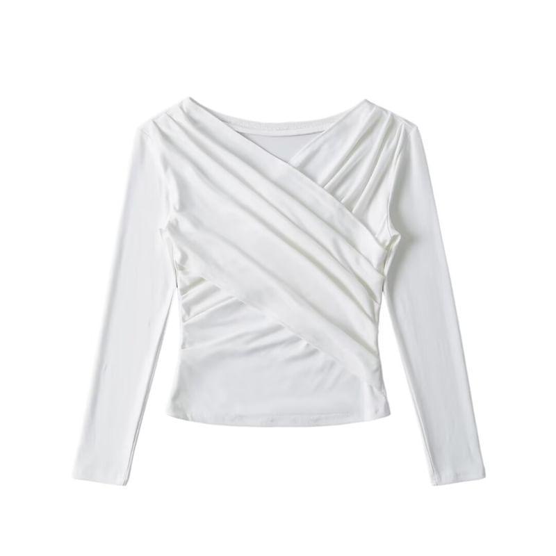 Long Sleeve V-Neck Crisscross Ruched Tee Product Image