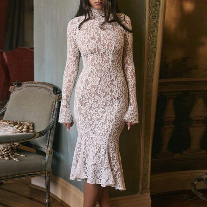 Long Sleeve Mock Neck Lace Overlay Midi Mermaid Dress Product Image