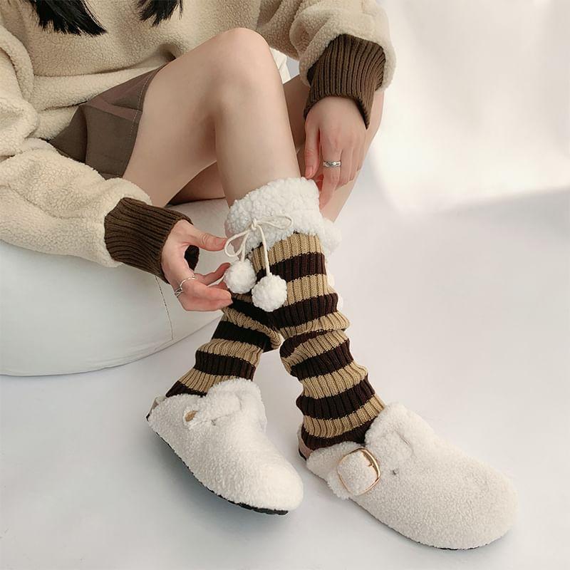 Striped Fleece Trim Pom Pom Knit Leg Warmers Product Image