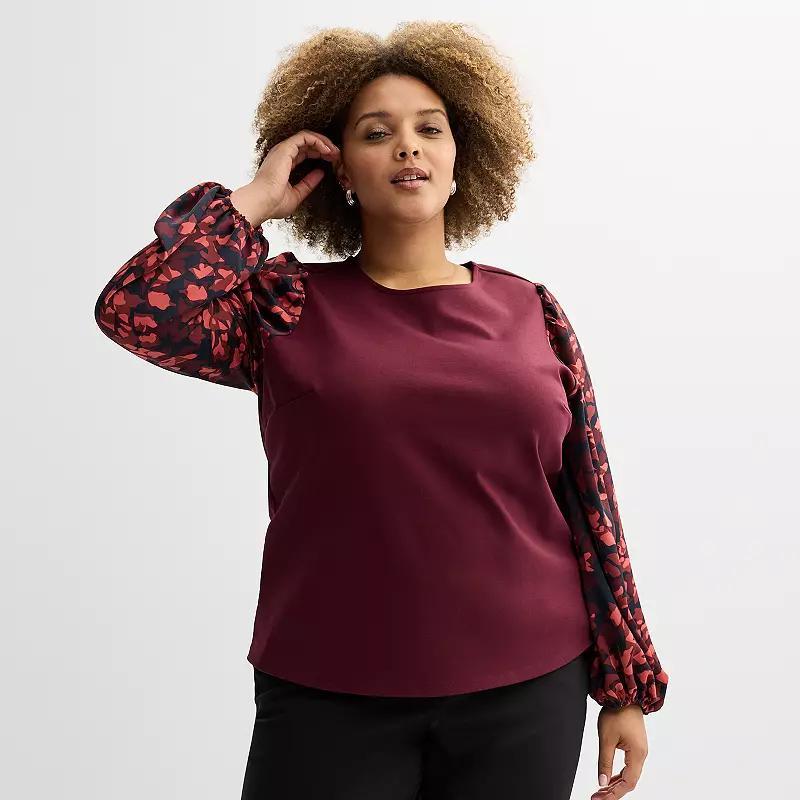 Plus Size Nine West Mixed Long Puff Sleeve Crewneck Top, Womens Product Image