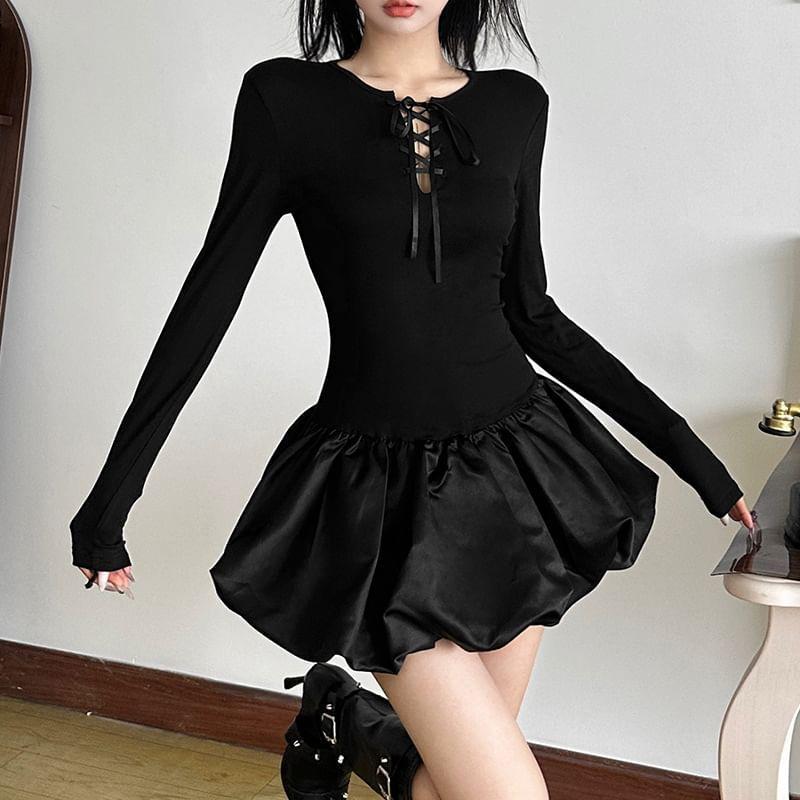 Long-Sleeve Crewneck Lace-Up Plain Mini A-Line Dress Product Image