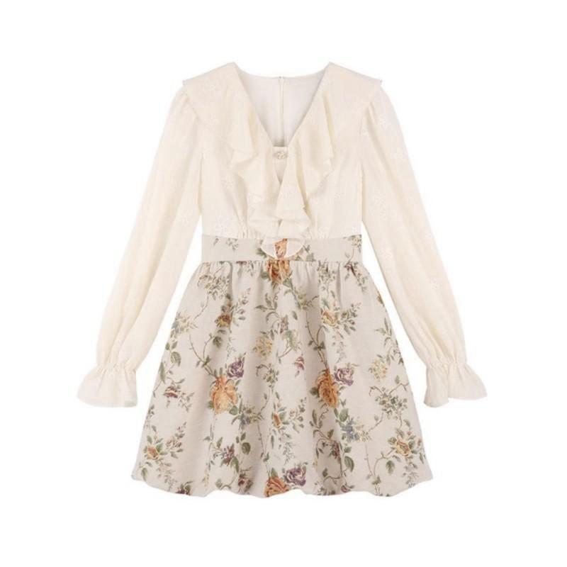 Mock Two-Piece Long-Sleeve V-Neck Floral Panel Ruffle Trim Mini A-Line Dress Product Image