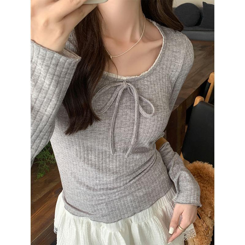 Long-Sleeve Round Neck Plain Bow Accent Frill Trim Slim Fit T-Shirt Product Image