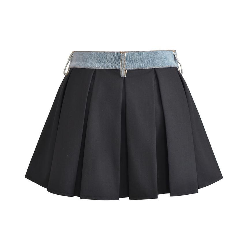 High Waist Pleated Panel Denim Mini A-Line Skirt Product Image