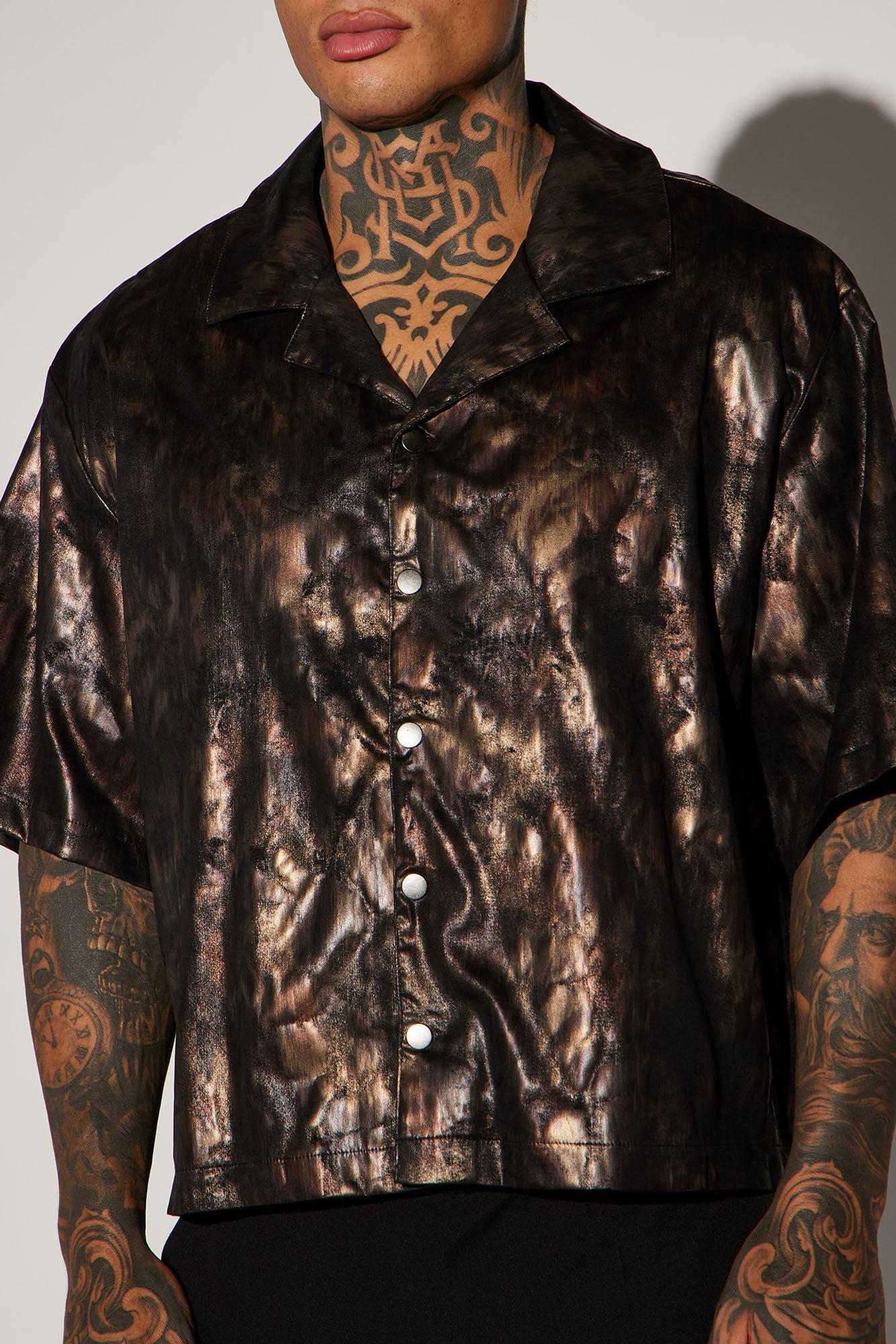 Kettner Faux Leather Cropped Button Up Shirt - Brown/combo Product Image