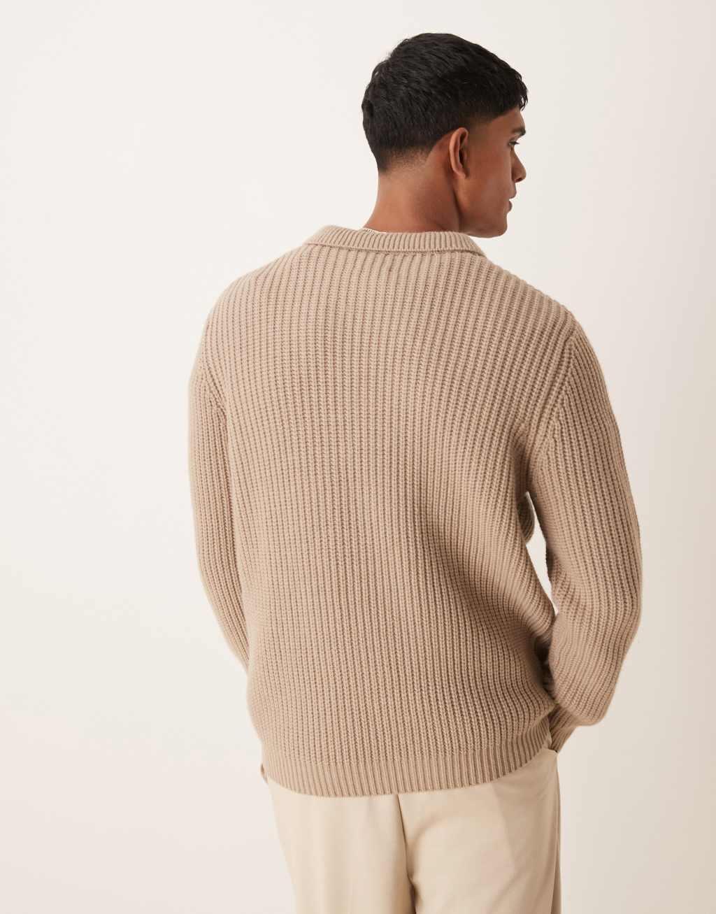 ASOS DESIGN wool mix oversized heavyweight quarter zip rib sweater with collar in taupe Product Image