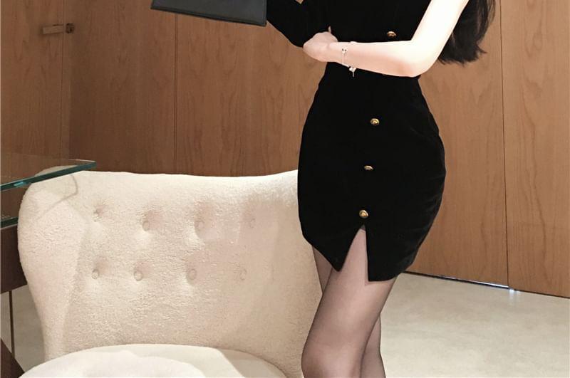 Long-Sleeve One-Shoulder Plain Button Accent Slit Velvet Mini Bodycon Dress Product Image