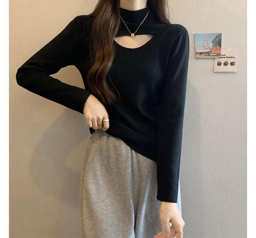 Long-Sleeve Mock Neck Cutout Knit Top Product Image