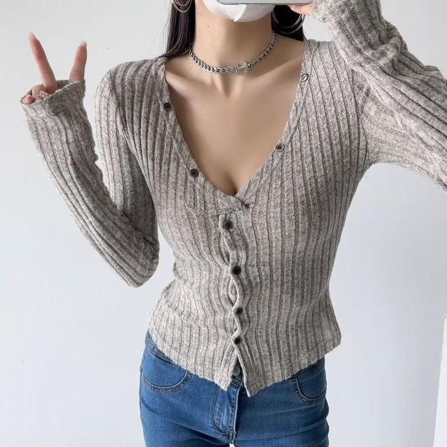 V-Neck Button-Up Plain Crop Cardigan Product Image