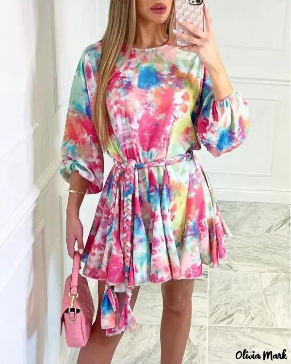 Olivia Mark – Lantern Sleeve Tie-Dye Dress with Belt Product Image