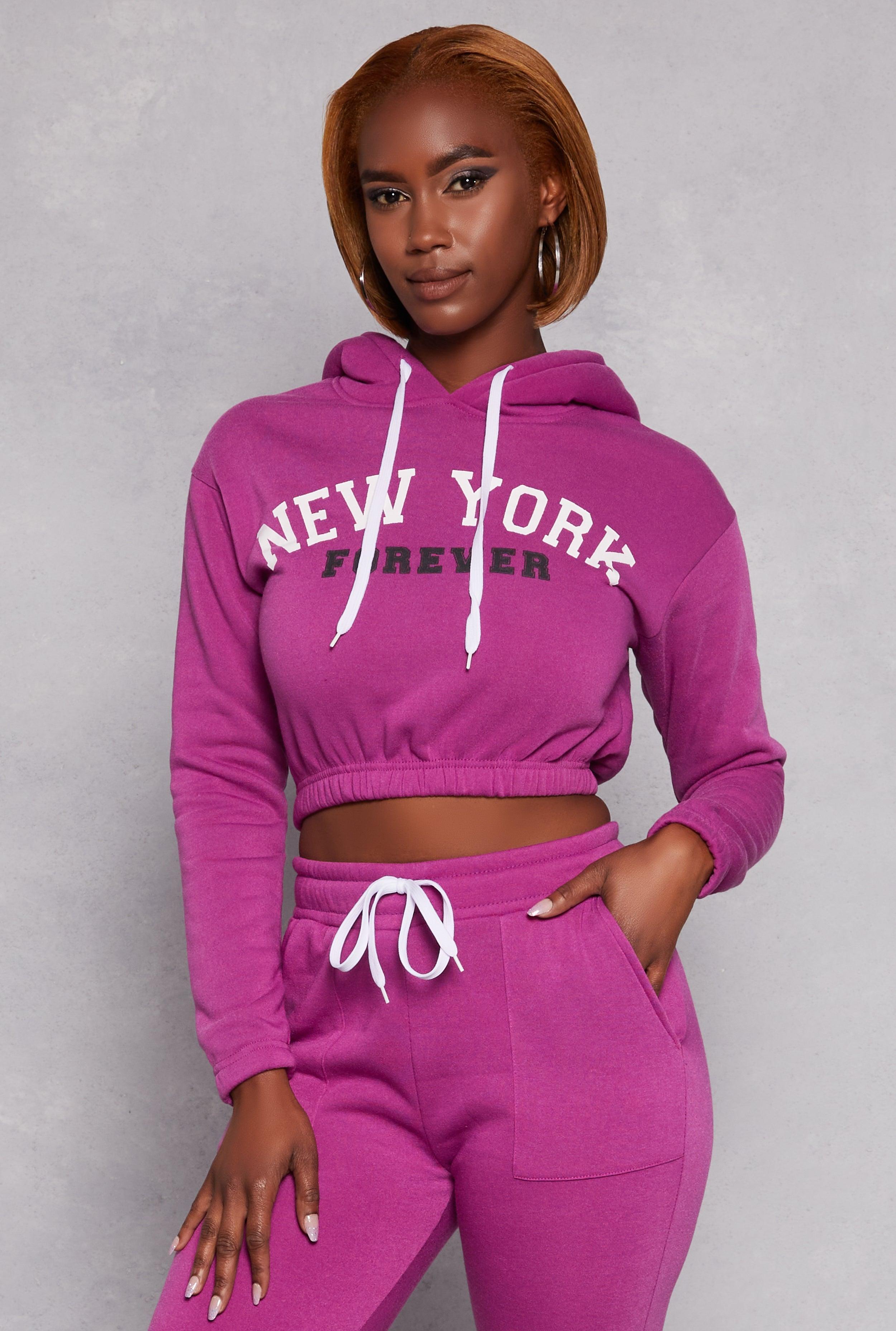 Womens New York Forever Graphic Cropped Hoodie Product Image